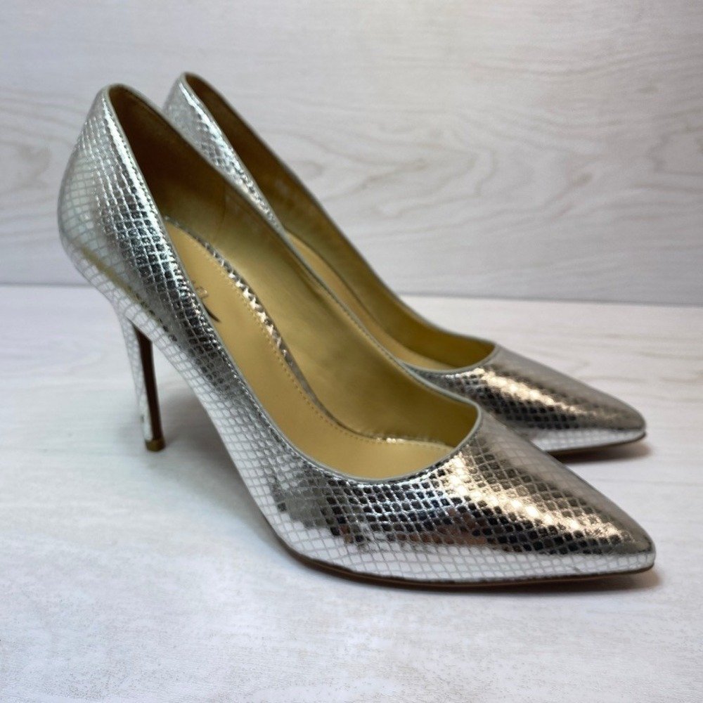 Michael Kors Womens 7.5M Pump Stiletto Silver Snakeskin Leather Pointed Toe Heel